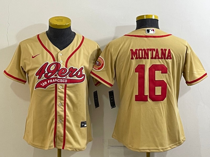 Women's San Francisco 49ers #16 Joe Montana Gold With Patch Cool Base Stitched Baseball Jersey(Run Small)